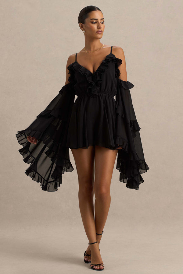 club l Anaya Black Chiffon Playsuit With Long Sleeves