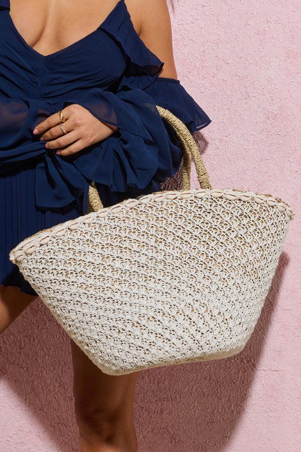 Club L Anguilla White Crochet Bucket Tote Bag With Shells