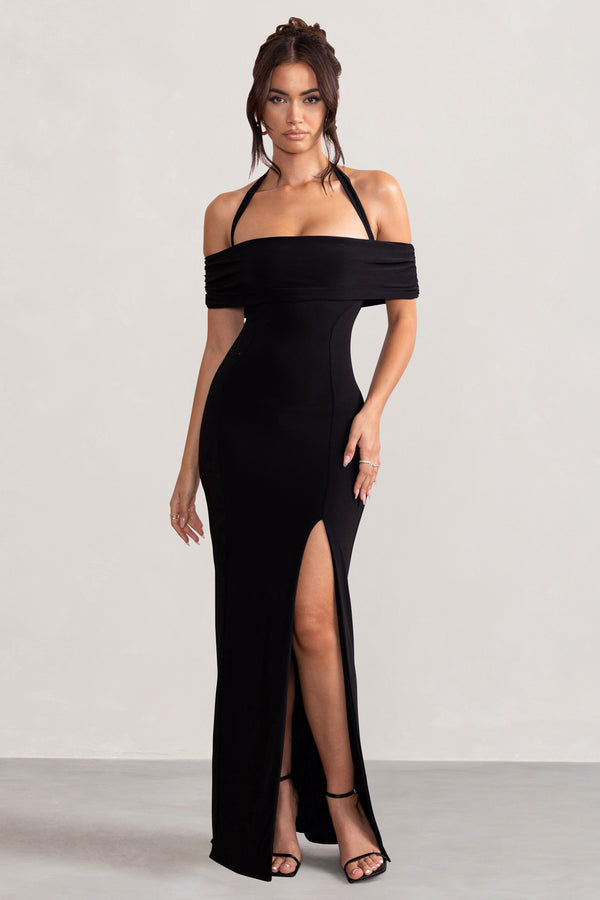 Club L Anisa Black Halter Neck Bardot Maxi Dress With Thigh Split