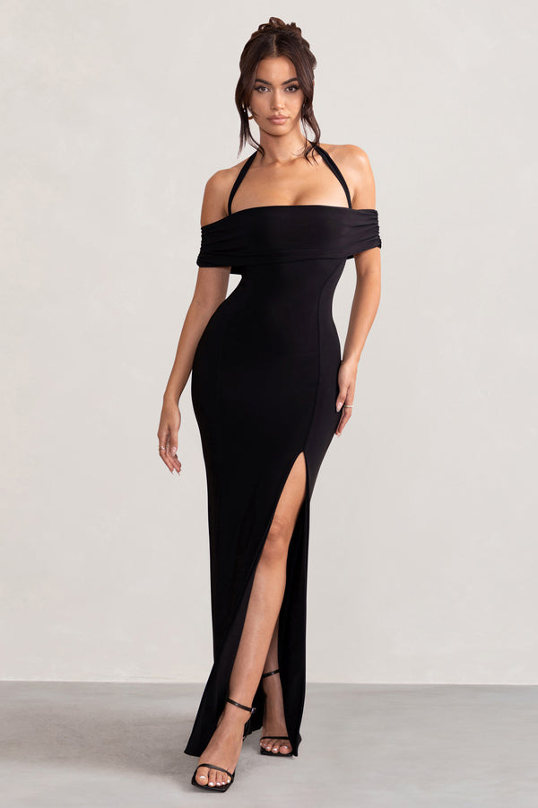 club l Anisa Black Halter Neck Bardot Maxi Dress With Thigh Split