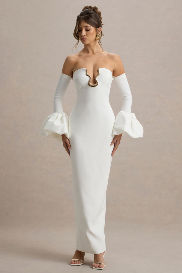 Club L Annalisa Cream Bandeau Maxi Dress With Satin Cuffs