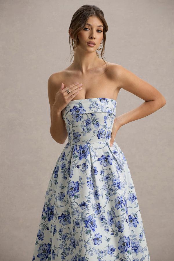 Club L Annalise Blue Porcelain Print Bandeau Skater Midi Dress