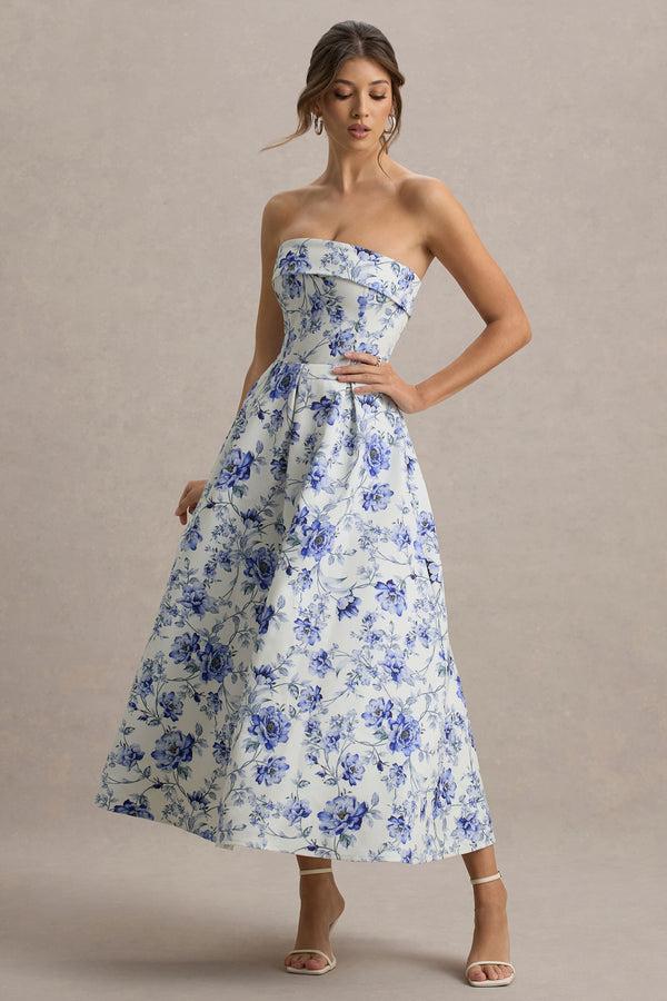 Club L Annalise Blue Porcelain Print Bandeau Skater Midi Dress