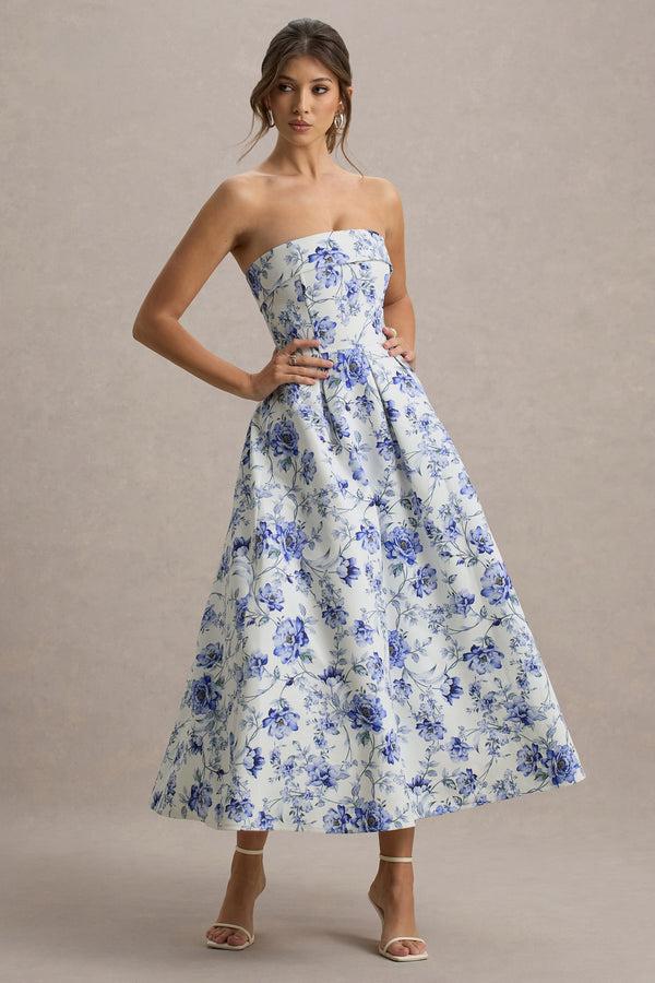 club l Annalise Blue Porcelain Print Bandeau Skater Midi Dress