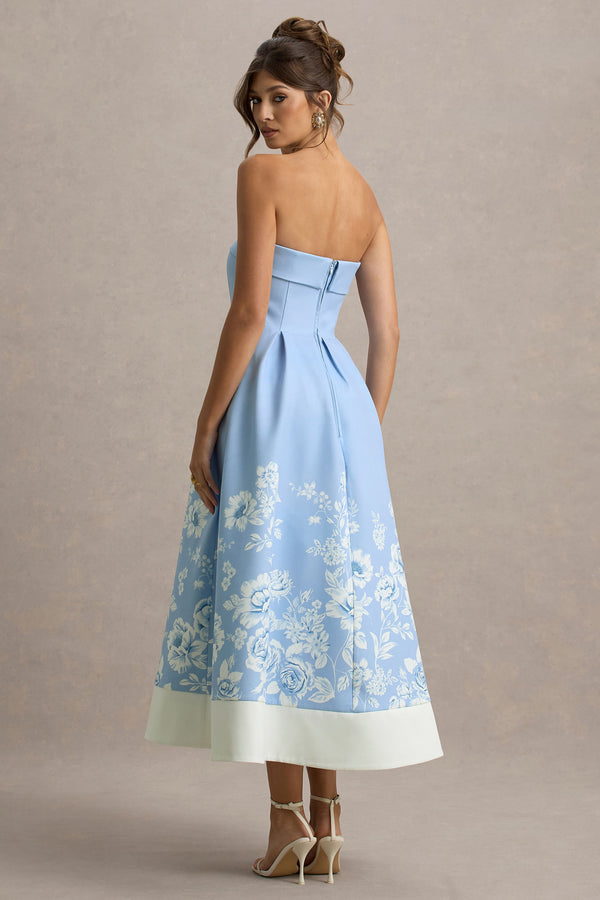 Club L Annalise Light Blue Floral Print Bandeau Skater Midi Dress