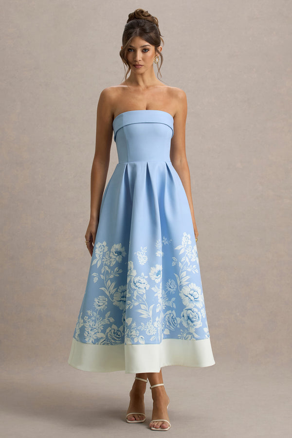 Club L Annalise Light Blue Floral Print Bandeau Skater Midi Dress