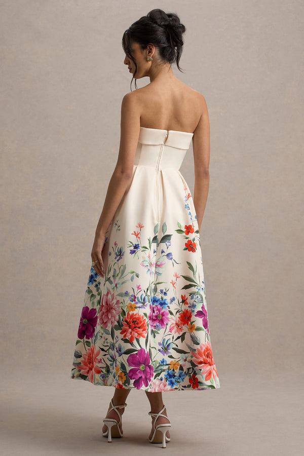 Club L Annalise Light Pink Floral Print Bandeau Skater Midi Dress