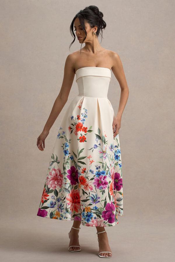 Club L Annalise Light Pink Floral Print Bandeau Skater Midi Dress