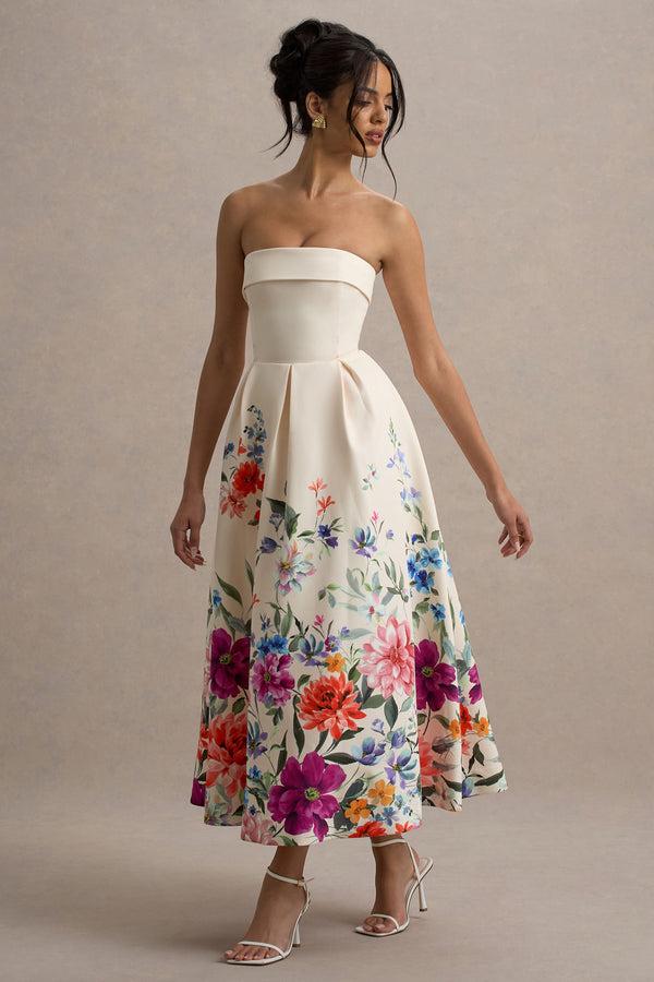 club l Annalise Light Pink Floral Print Bandeau Skater Midi Dress