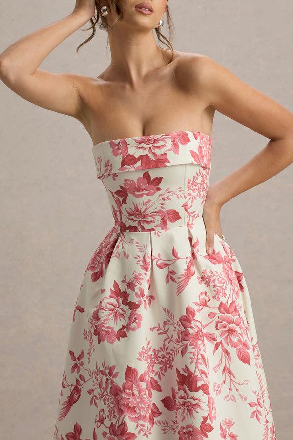 Club L Annalise Pink Porcelain Print Bandeau Skater Midi Dress