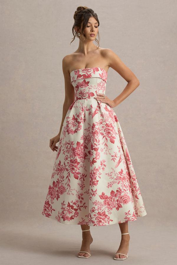 club l Annalise Pink Porcelain Print Bandeau Skater Midi Dress