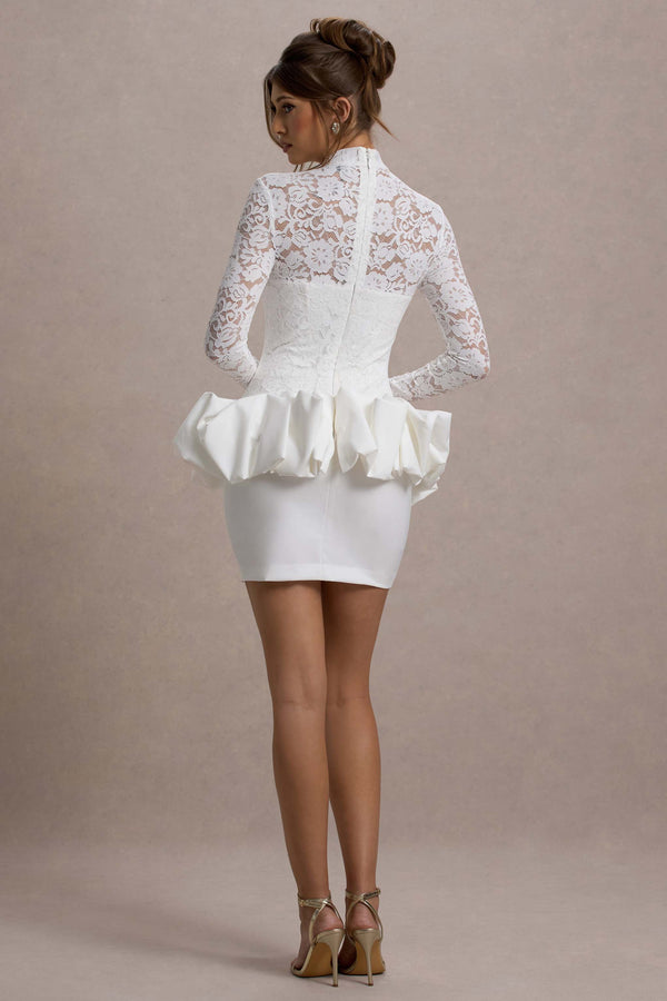 Club L Antheia White Lace Long-Sleeve Peplum Mini Dress