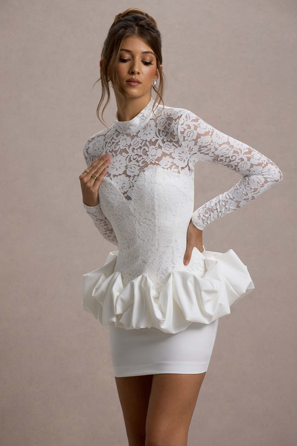Club L Antheia White Lace Long-Sleeve Peplum Mini Dress