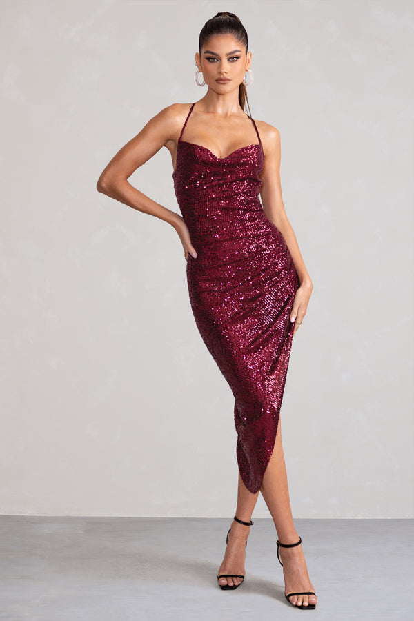 Club L Anya Berry Sequin Cami Cowl Neck Asymmetric Hem Midi Dress