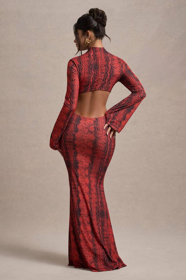 Club L Arabia Red Snake Print High-Neck Cut-Out Maxi Dress