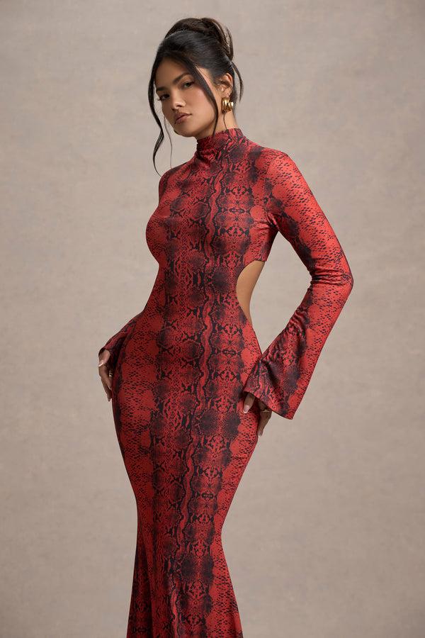 Club L Arabia Red Snake Print High-Neck Cut-Out Maxi Dress