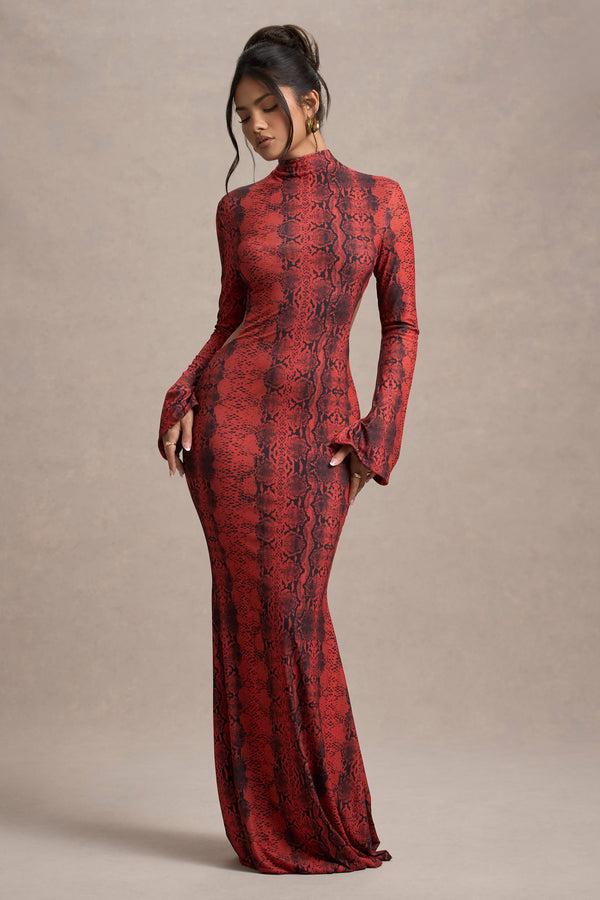 Club L Arabia Red Snake Print High-Neck Cut-Out Maxi Dress