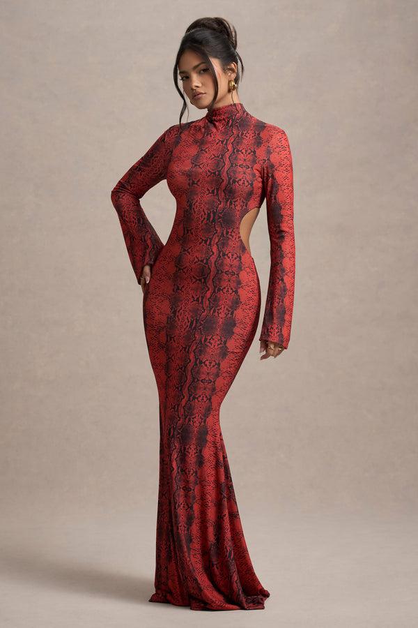 club l Arabia Red Snake Print High-Neck Cut-Out Maxi Dress