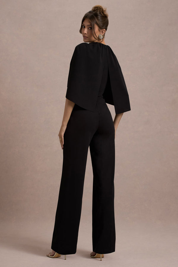 Club L Arbor Black Cape-Sleeve Straight-Leg Jumpsuit