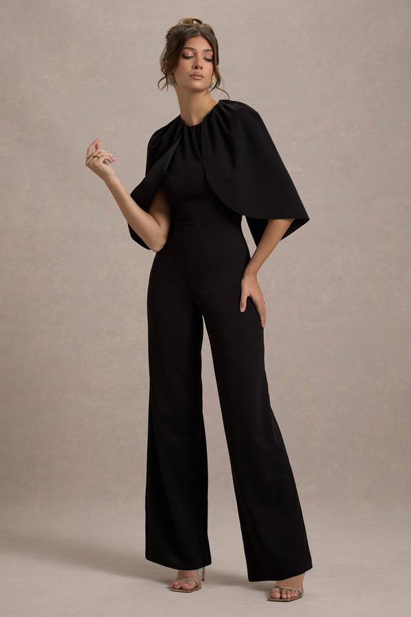 Club L Arbor Black Cape-Sleeve Straight-Leg Jumpsuit