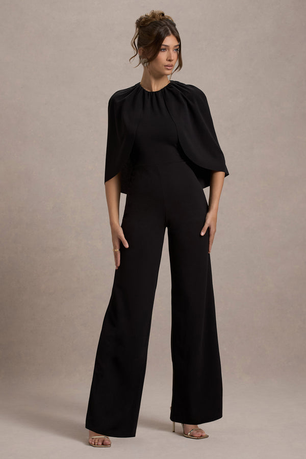 club l Arbor Black Cape-Sleeve Straight-Leg Jumpsuit