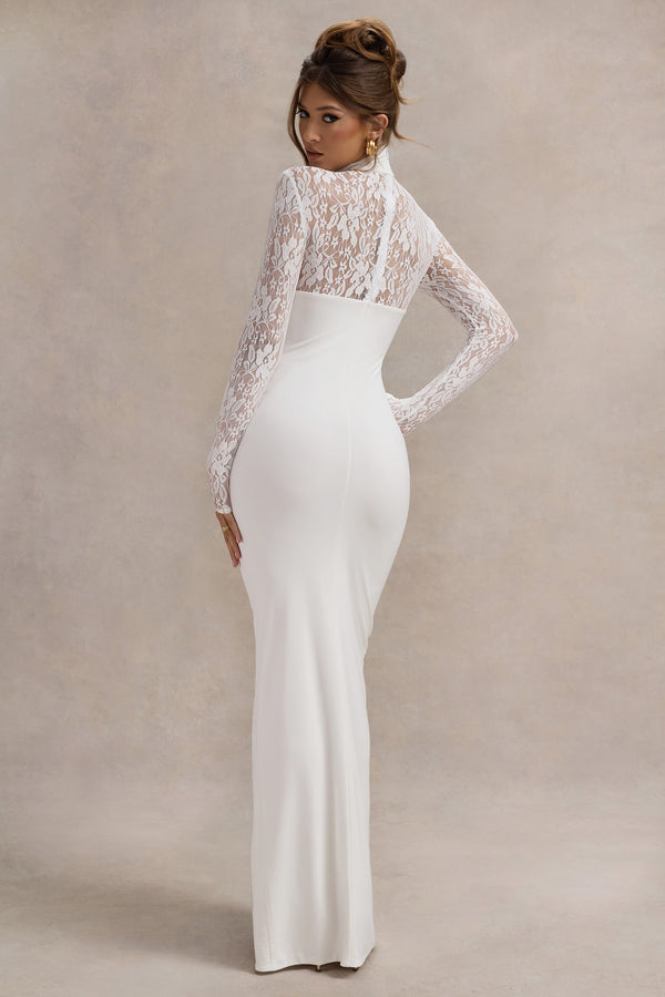 Club L Arden White High-Neck Split Maxi Dress With Lace Sleeves