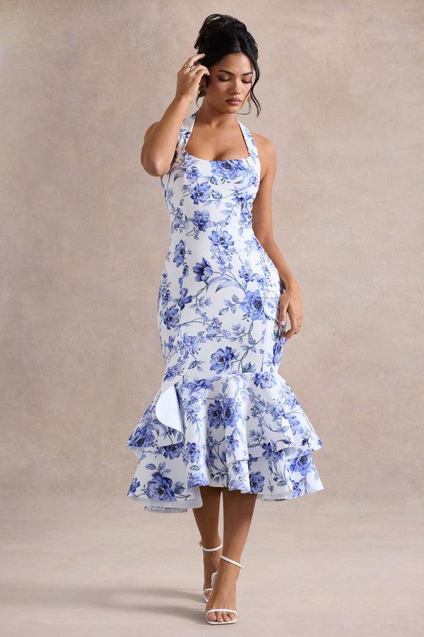 Club L Arla Blue Floral Print Halter-Neck Ruffle Trim Midi Dress