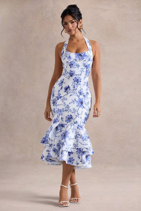 club l Arla Blue Floral Print Halter-Neck Ruffle Trim Midi Dress