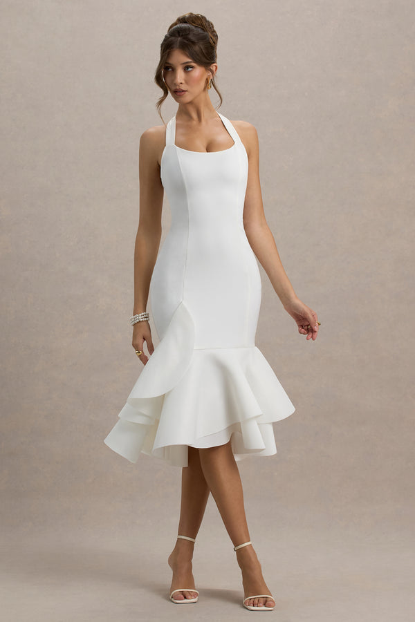 Club L Arla White Halter Neck Ruffle Trim Midi Dress