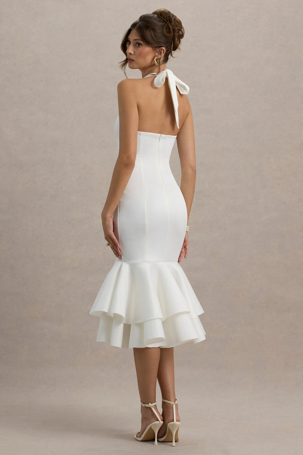 Club L Arla White Halter Neck Ruffle Trim Midi Dress