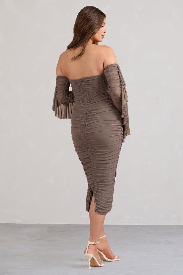 Club L Aroma Brown Ruched Mesh Maternity Midi Dress With Ruffled Sleeves