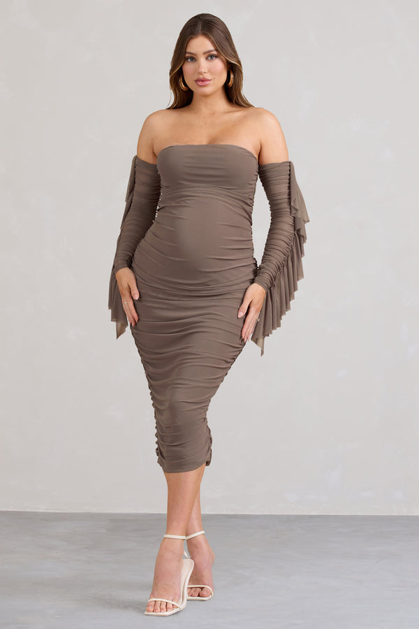 Club L Aroma Brown Ruched Mesh Maternity Midi Dress With Ruffled Sleeves