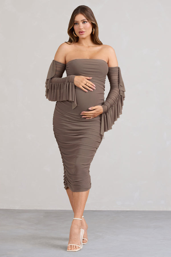 club l Aroma Brown Ruched Mesh Maternity Midi Dress With Ruffled Sleeves