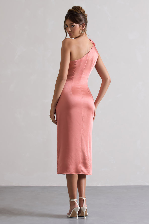 Club L Ascot Coral Satin One Shoulder Midi Dress With Corsage