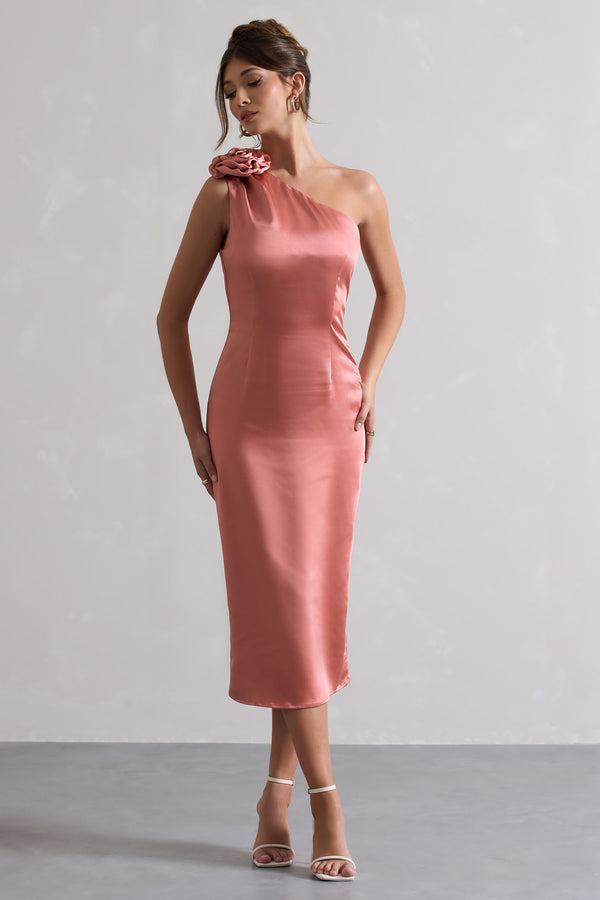 Club L Ascot Coral Satin One Shoulder Midi Dress With Corsage