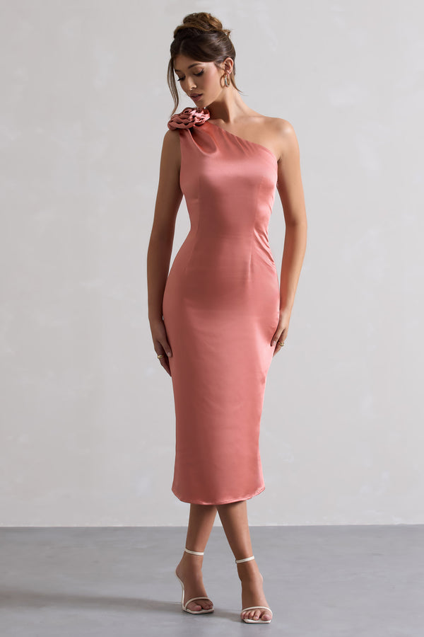 club l Ascot Coral Satin One Shoulder Midi Dress With Corsage