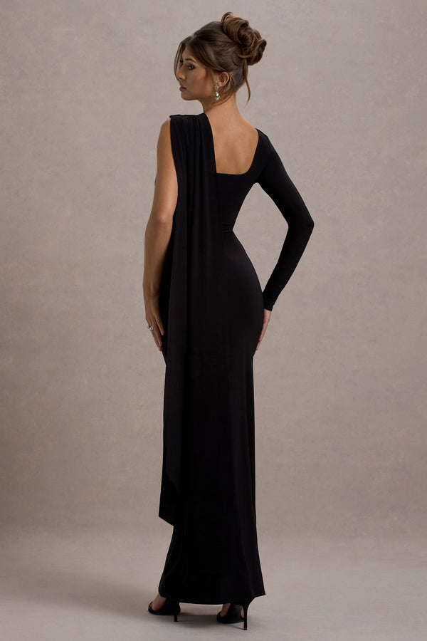 Club L Ashini Black One-Sleeve Maxi Dress With Cape
