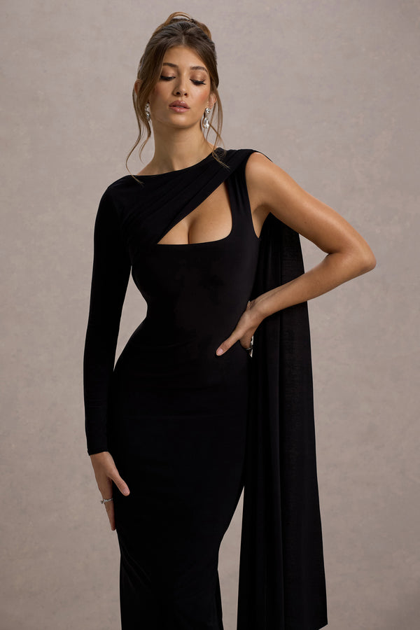Club L Ashini Black One-Sleeve Maxi Dress With Cape