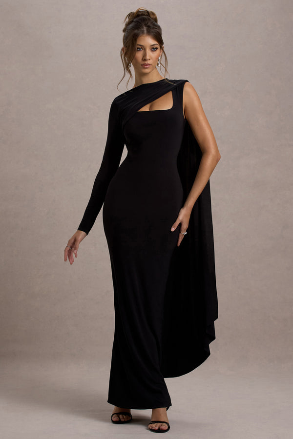 Club L Ashini Black One-Sleeve Maxi Dress With Cape