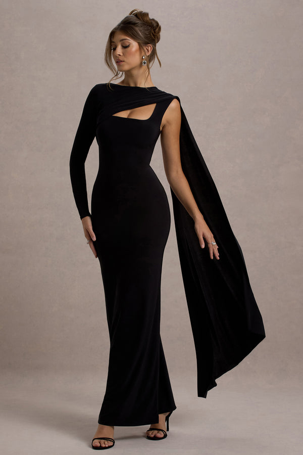 club l Ashini Black One-Sleeve Maxi Dress With Cape