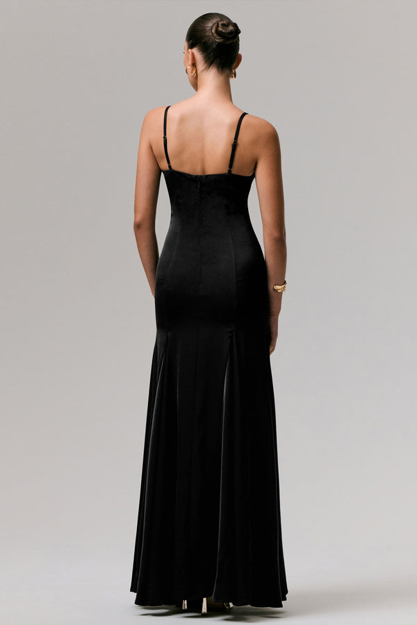 Club L Ashly Black Satin Maxi Dress With Volume Hem