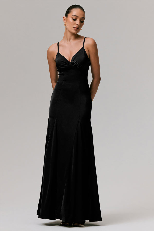 Club L Ashly Black Satin Maxi Dress With Volume Hem