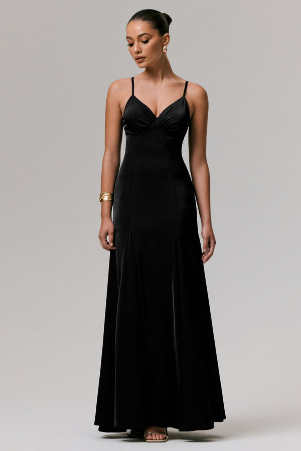 Club L Ashly Black Satin Maxi Dress With Volume Hem
