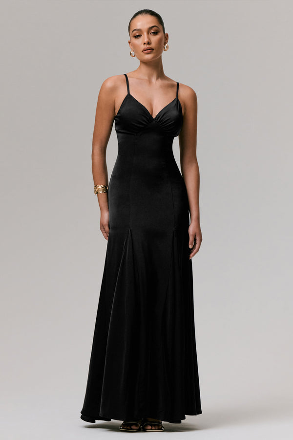 club l Ashly Black Satin Maxi Dress With Volume Hem