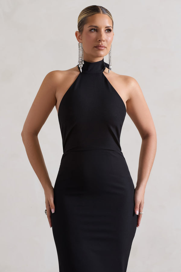Club L Ashton Black High-Neck Midi Dress With Ruffle Hem