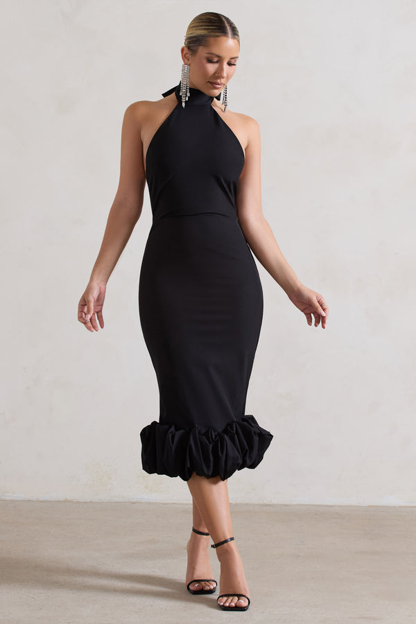 Club L Ashton Black High-Neck Midi Dress With Ruffle Hem
