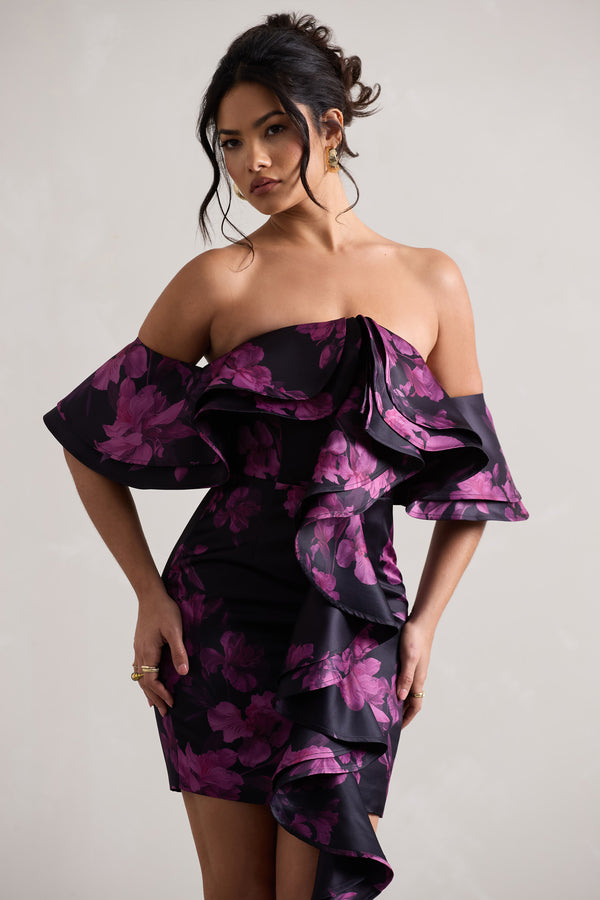 Club L Aspen Black Floral Print Bardot Mini Dress With Ruffles
