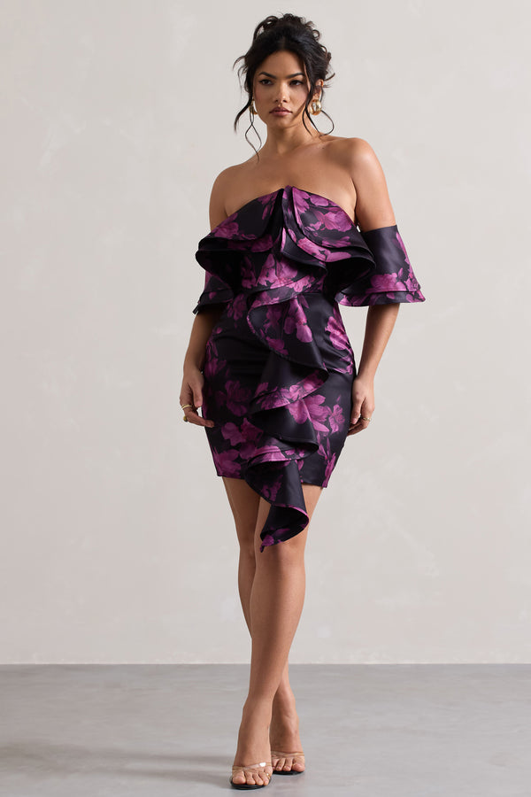 Club L Aspen Black Floral Print Bardot Mini Dress With Ruffles