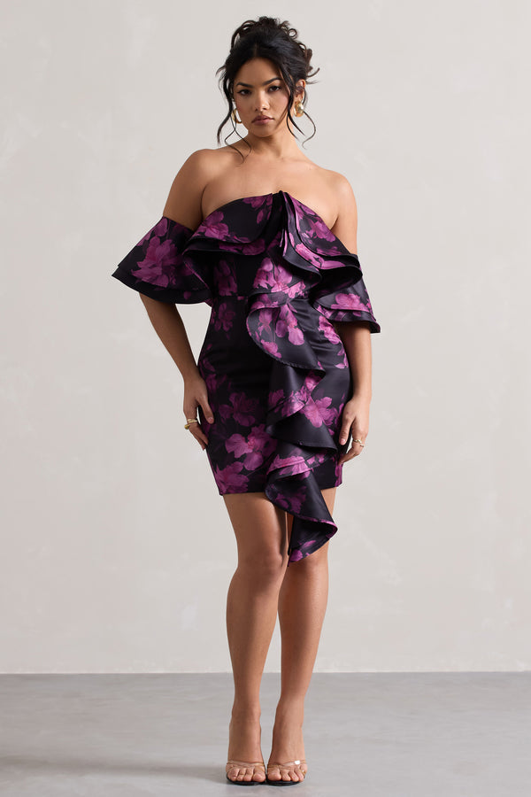 club l Aspen Black Floral Print Bardot Mini Dress With Ruffles