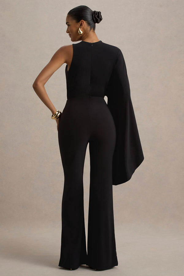 Club L Asra Black High-Neck Flared-Leg Jumpsuit With Cape Sleeve